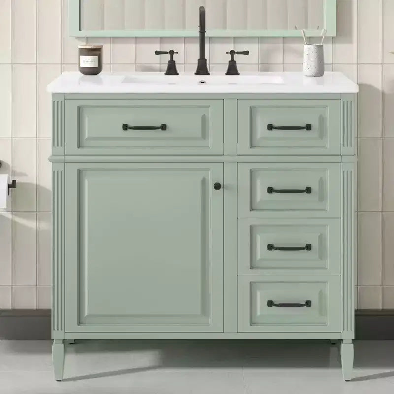 MAYEERTY 36" Tocador de Baño con Lavabo Madera Maciza Blanca Cajón Abatible 3 Cajones 2 Puertas Asas Metálicas Negras MDF