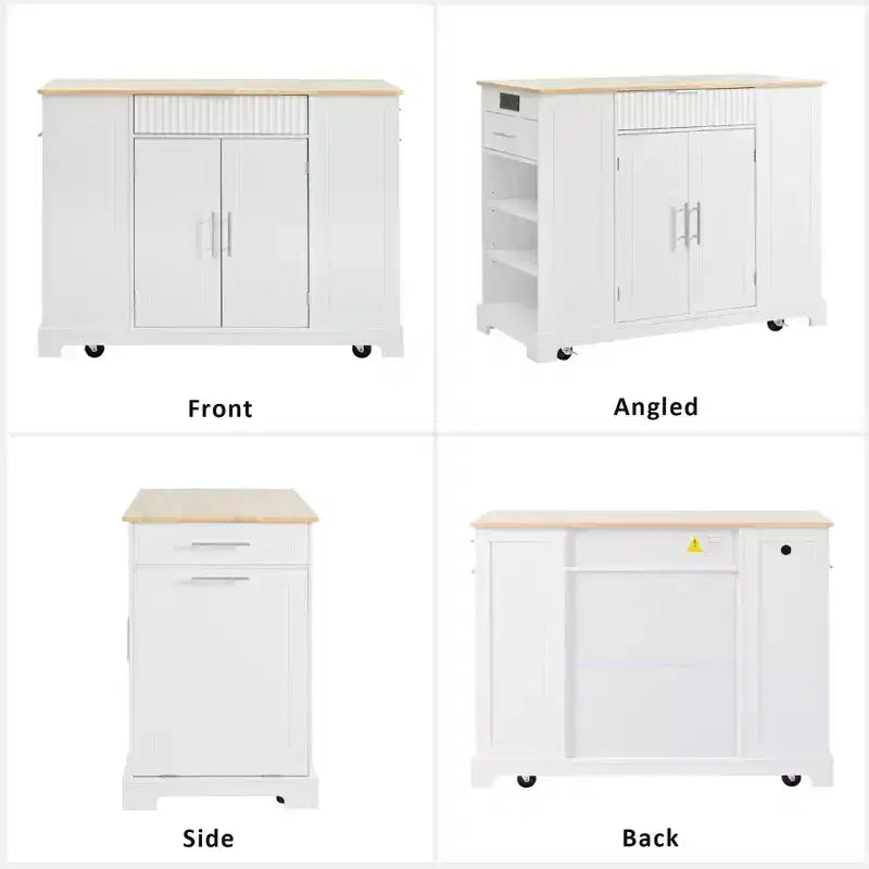 Isla de cocina negra estriada de 48.5 pulgadas con gabinete de almacenamiento para bote de basura, islas de cocina móviles sobre 5 ruedas para bote de basura de 10 galones