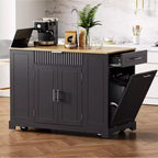 Isla de cocina negra estriada de 48.5 pulgadas con gabinete de almacenamiento para bote de basura, islas de cocina móviles sobre 5 ruedas para bote de basura de 10 galones