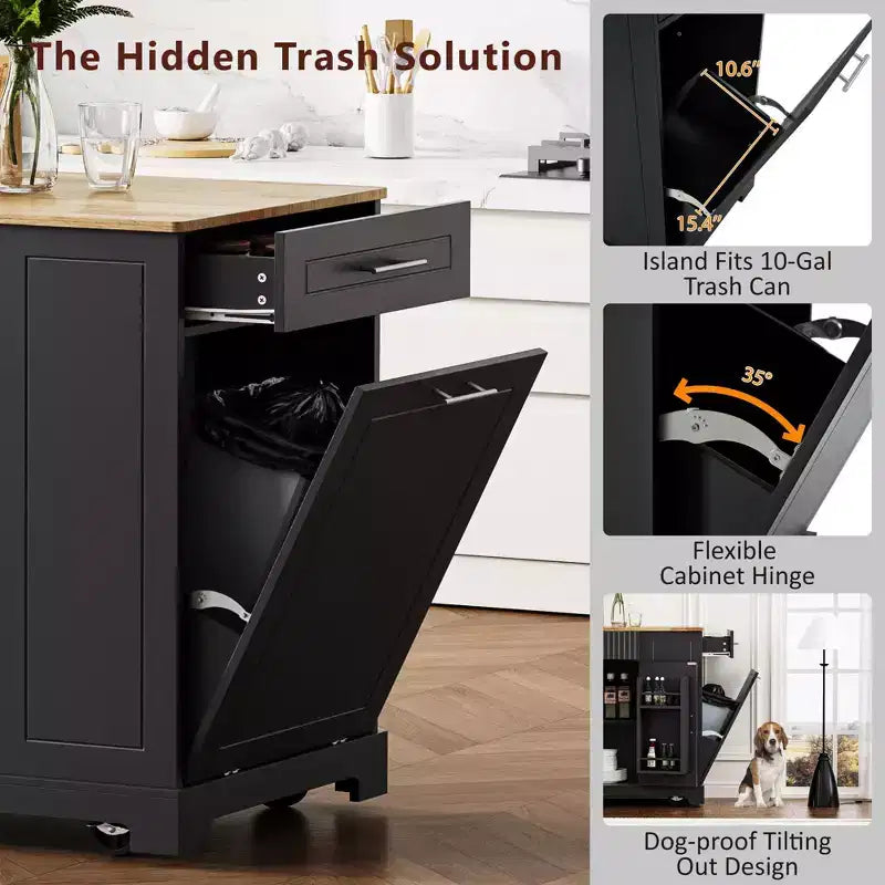 Isla de cocina negra estriada de 48.5 pulgadas con gabinete de almacenamiento para bote de basura, islas de cocina móviles sobre 5 ruedas para bote de basura de 10 galones