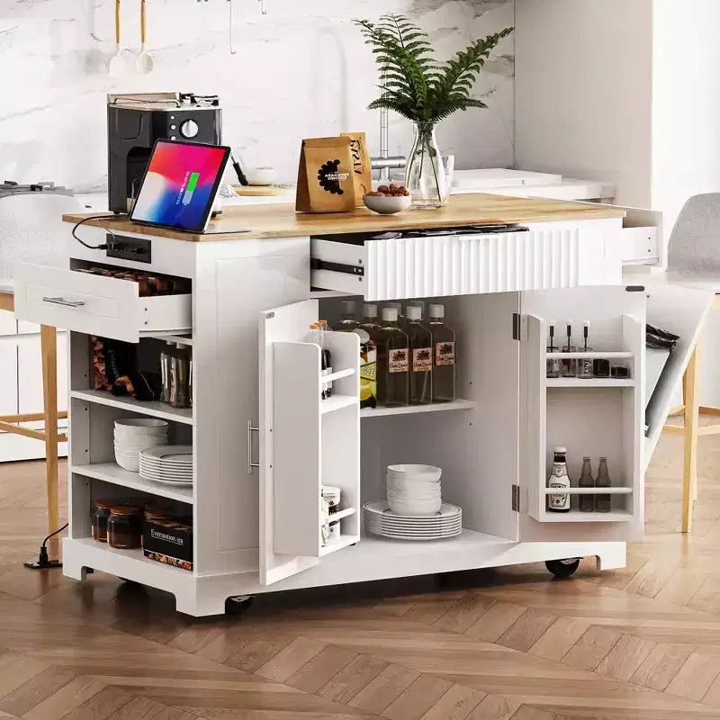 Isla de cocina negra estriada de 48.5 pulgadas con gabinete de almacenamiento para bote de basura, islas de cocina móviles sobre 5 ruedas para bote de basura de 10 galones