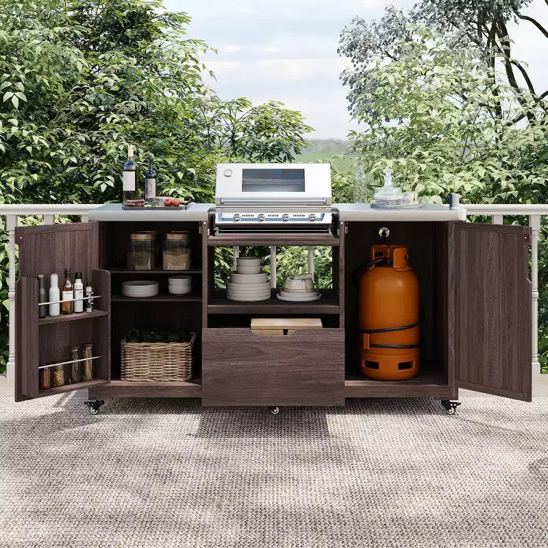 Isla de cocina exterior negra de 66.5 pulgadas para parrillas Big Green Egg, carrito de parrilla exterior de madera maciza para parrilla de mesa con tapa de acero inoxidable