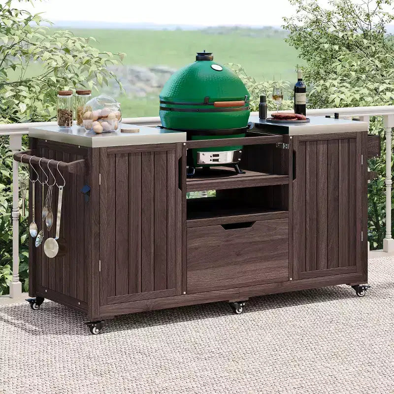 Isla de cocina exterior negra de 66.5 pulgadas para parrillas Big Green Egg, carrito de parrilla exterior de madera maciza para parrilla de mesa con tapa de acero inoxidable