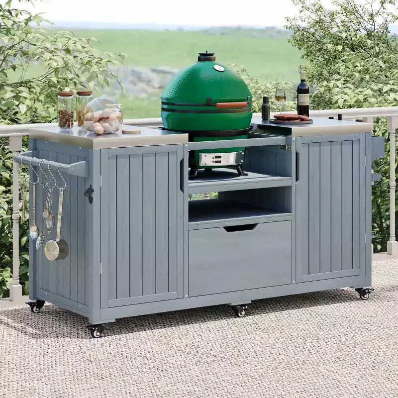 Isla de cocina exterior negra de 66.5 pulgadas para parrillas Big Green Egg, carrito de parrilla exterior de madera maciza para parrilla de mesa con tapa de acero inoxidable