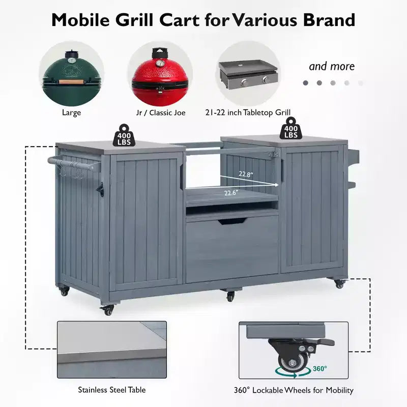Isla de cocina exterior negra de 66.5 pulgadas para parrillas Big Green Egg, carrito de parrilla exterior de madera maciza para parrilla de mesa con tapa de acero inoxidable