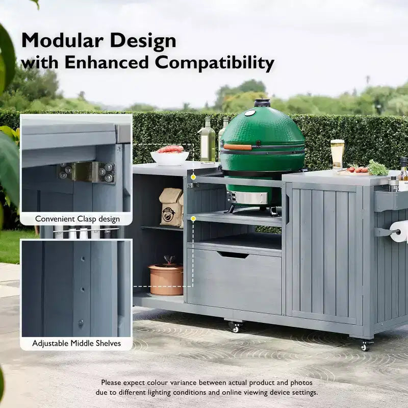 Isla de cocina exterior negra de 66.5 pulgadas para parrillas Big Green Egg, carrito de parrilla exterior de madera maciza para parrilla de mesa con tapa de acero inoxidable