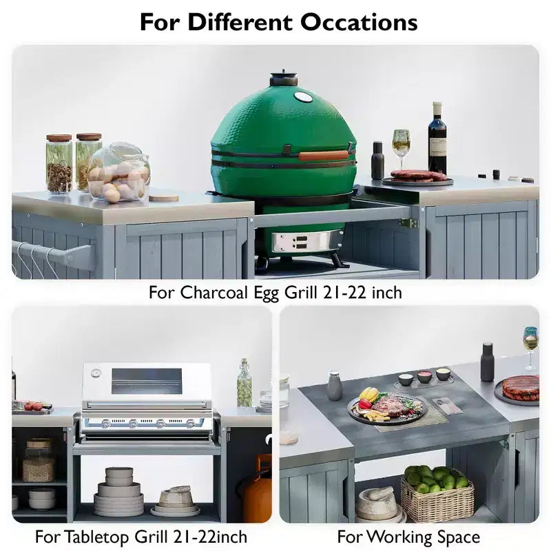 Isla de cocina exterior negra de 66.5 pulgadas para parrillas Big Green Egg, carrito de parrilla exterior de madera maciza para parrilla de mesa con tapa de acero inoxidable