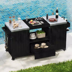 Isla de cocina exterior negra de 66.5 pulgadas para parrillas Big Green Egg, carrito de parrilla exterior de madera maciza para parrilla de mesa con tapa de acero inoxidable