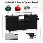 Isla de cocina exterior negra de 66.5 pulgadas para parrillas Big Green Egg, carrito de parrilla exterior de madera maciza para parrilla de mesa con tapa de acero inoxidable