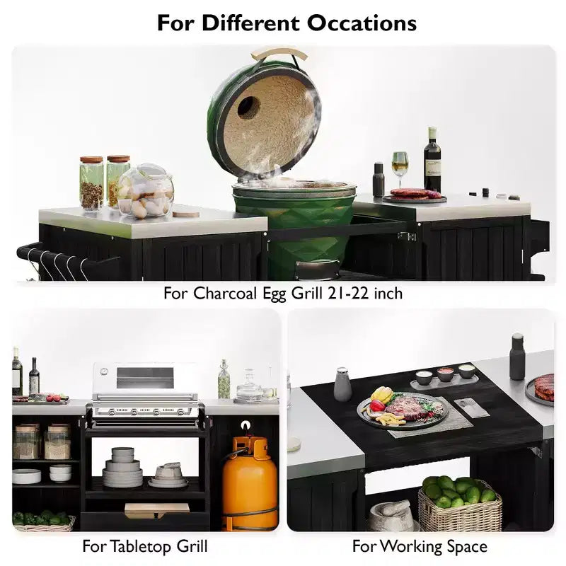 Isla de cocina exterior negra de 66.5 pulgadas para parrillas Big Green Egg, carrito de parrilla exterior de madera maciza para parrilla de mesa con tapa de acero inoxidable