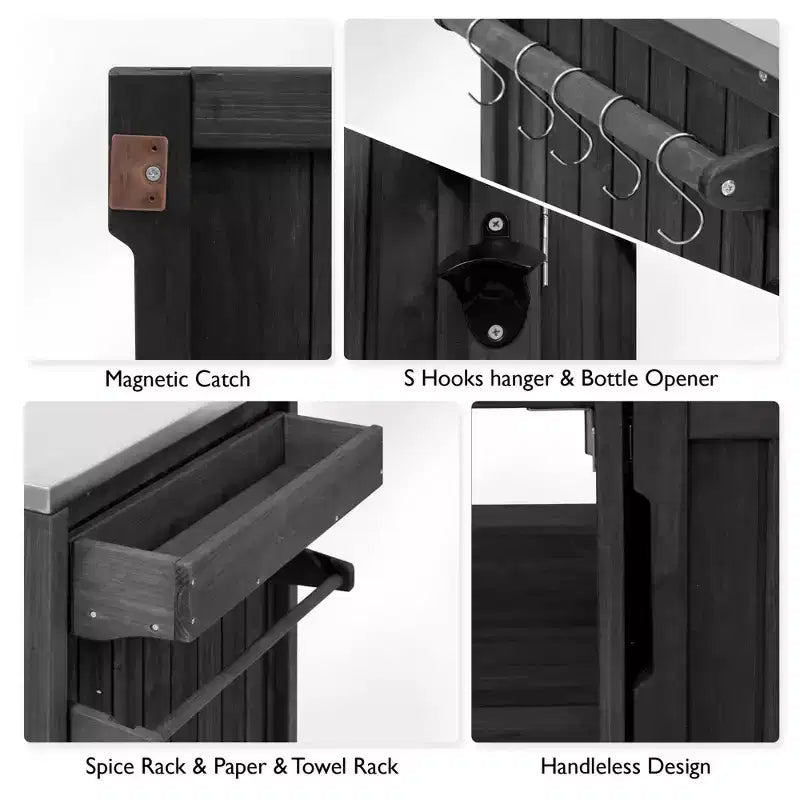 Isla de cocina exterior negra de 66.5 pulgadas para parrillas Big Green Egg, carrito de parrilla exterior de madera maciza para parrilla de mesa con tapa de acero inoxidable
