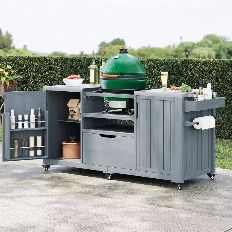 Isla de cocina exterior negra de 66.5 pulgadas para parrillas Big Green Egg, carrito de parrilla exterior de madera maciza para parrilla de mesa con tapa de acero inoxidable