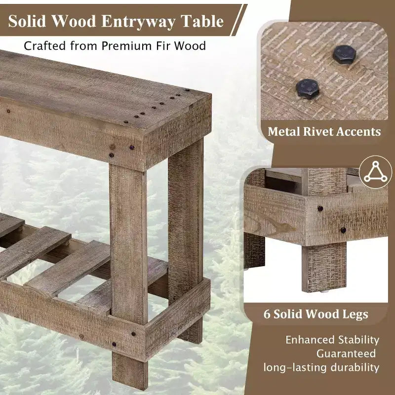 62.9 Mesa consola de entrada para casa de campo con estante de almacenamiento, mesa de pasillo de madera maciza de abeto con detalles de remaches de metal para sala de estar - Panipeachy