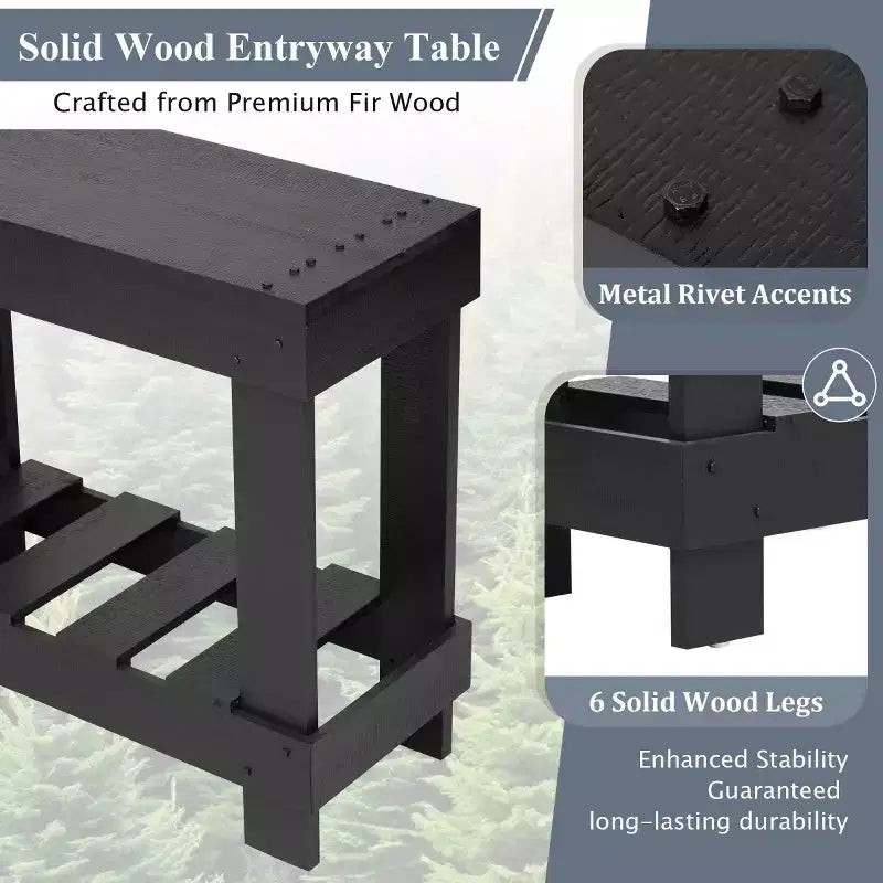 62.9 Mesa consola de entrada para casa de campo con estante de almacenamiento, mesa de pasillo de madera maciza de abeto con detalles de remaches de metal para sala de estar - Panipeachy