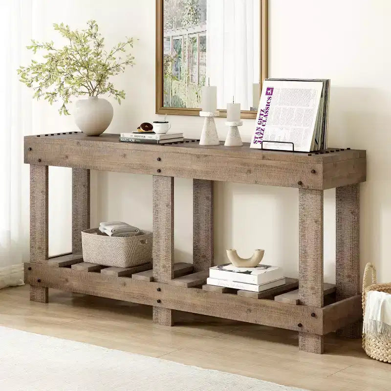 62.9 Mesa consola de entrada para casa de campo con estante de almacenamiento, mesa de pasillo de madera maciza de abeto con detalles de remaches de metal para sala de estar - Panipeachy