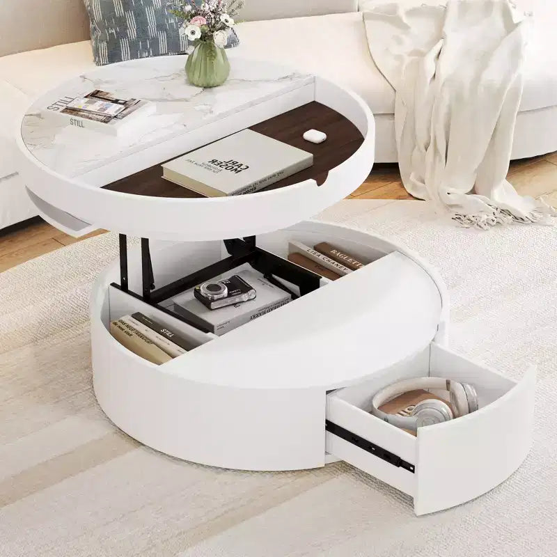 Lift Top Coffee Table with Drawer, Round Center Table with Storage, Modern Wood Adjustable Coffee Table with Storage for Living Room, White