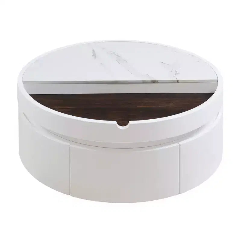 Mesa de centro elevable con cajón, mesa central redonda con almacenamiento, mesa de centro moderna de madera ajustable con almacenamiento para sala de estar, blanco