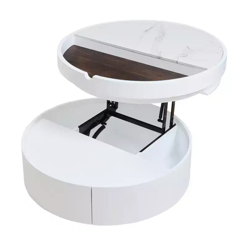 Mesa de centro elevable con cajón, mesa central redonda con almacenamiento, mesa de centro moderna de madera ajustable con almacenamiento para sala de estar, blanco