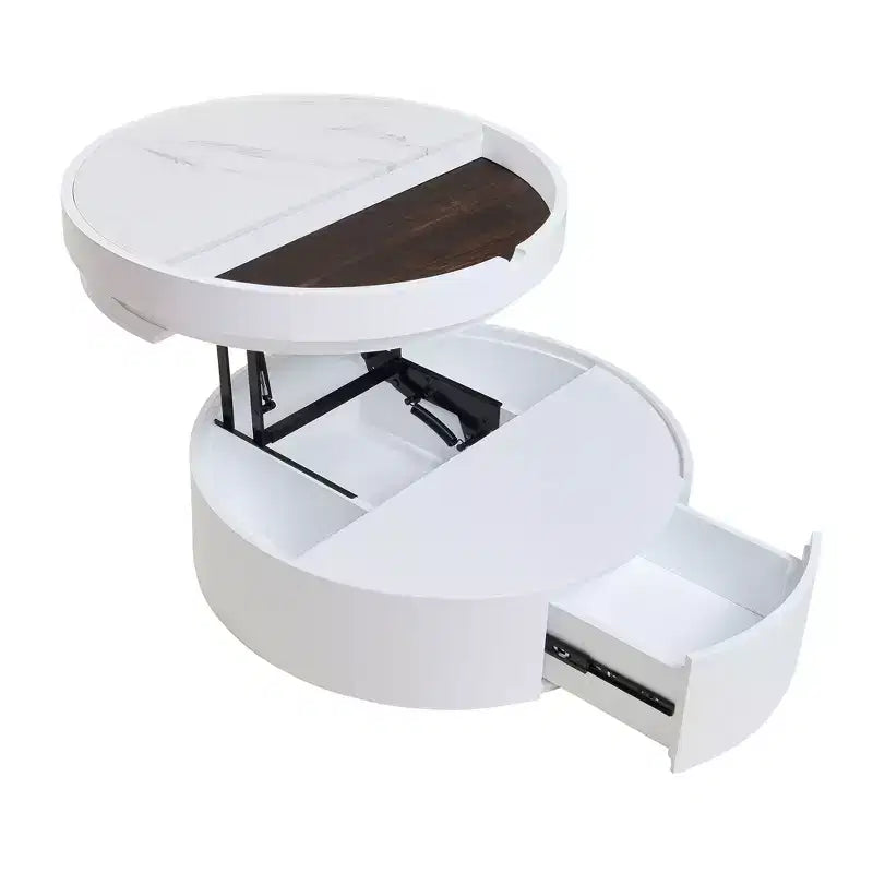 Mesa de centro elevable con cajón, mesa central redonda con almacenamiento, mesa de centro moderna de madera ajustable con almacenamiento para sala de estar, blanco