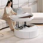 Mesa de centro elevable con cajón, mesa central redonda con almacenamiento, mesa de centro moderna de madera ajustable con almacenamiento para sala de estar, blanco