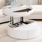 Mesa de centro elevable con cajón, mesa central redonda con almacenamiento, mesa de centro moderna de madera ajustable con almacenamiento para sala de estar, blanco