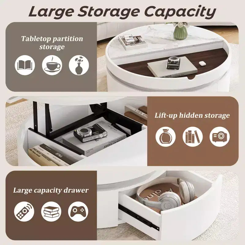 Mesa de centro elevable con cajón, mesa central redonda con almacenamiento, mesa de centro moderna de madera ajustable con almacenamiento para sala de estar, blanco