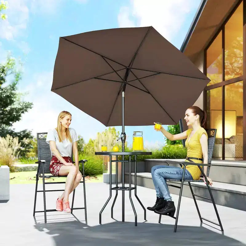 Juego de barra de exterior de 4 piezas con sombrilla, juego de comedor para patio con 2 sillas plegables, mesa de vidrio templado con textura ondulada para patio trasero, jardín, terraza, junto a la piscina