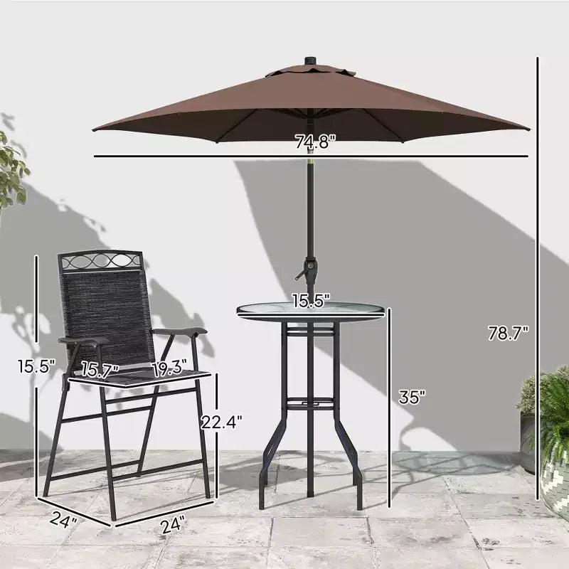 Juego de barra de exterior de 4 piezas con sombrilla, juego de comedor para patio con 2 sillas plegables, mesa de vidrio templado con textura ondulada para patio trasero, jardín, terraza, junto a la piscina