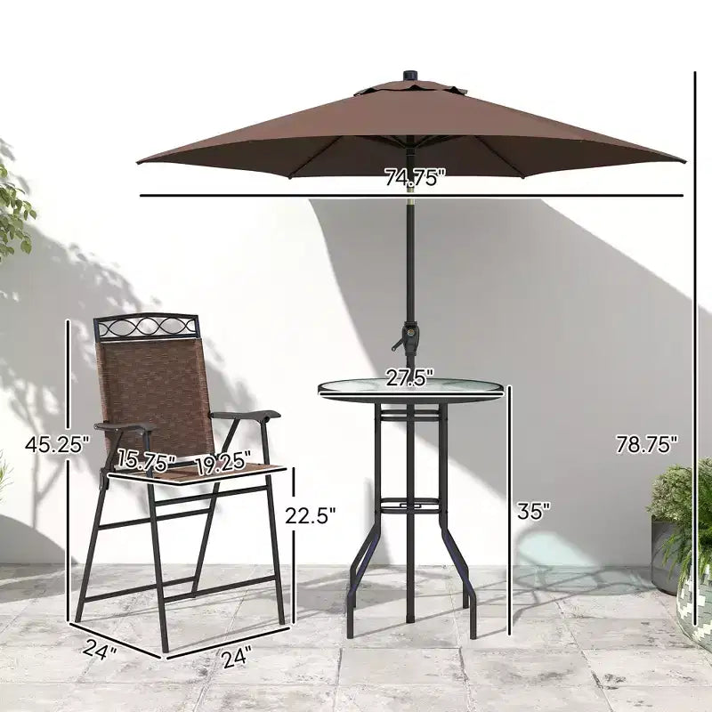 Juego de barra de exterior de 4 piezas con sombrilla, juego de comedor para patio con 2 sillas plegables, mesa de vidrio templado con textura ondulada para patio trasero, jardín, terraza, junto a la piscina