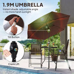 Juego de barra de exterior de 4 piezas con sombrilla, juego de comedor para patio con 2 sillas plegables, mesa de vidrio templado con textura ondulada para patio trasero, jardín, terraza, junto a la piscina