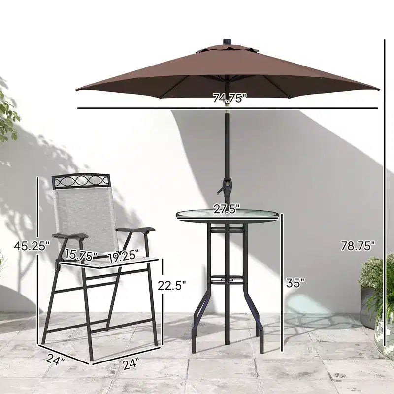 Juego de barra de exterior de 4 piezas con sombrilla, juego de comedor para patio con 2 sillas plegables, mesa de vidrio templado con textura ondulada para patio trasero, jardín, terraza, junto a la piscina