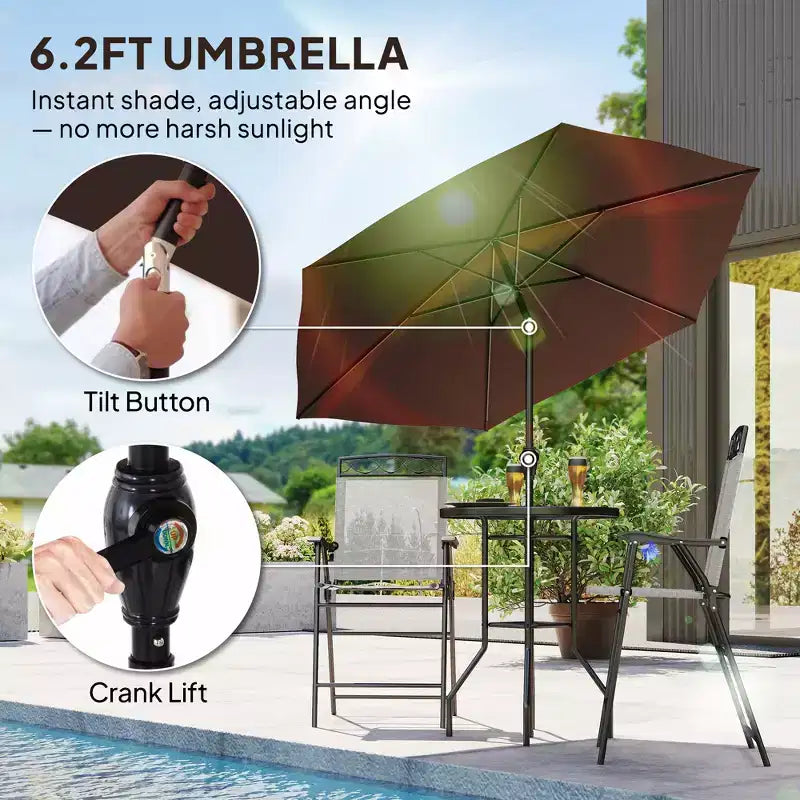 Juego de barra de exterior de 4 piezas con sombrilla, juego de comedor para patio con 2 sillas plegables, mesa de vidrio templado con textura ondulada para patio trasero, jardín, terraza, junto a la piscina