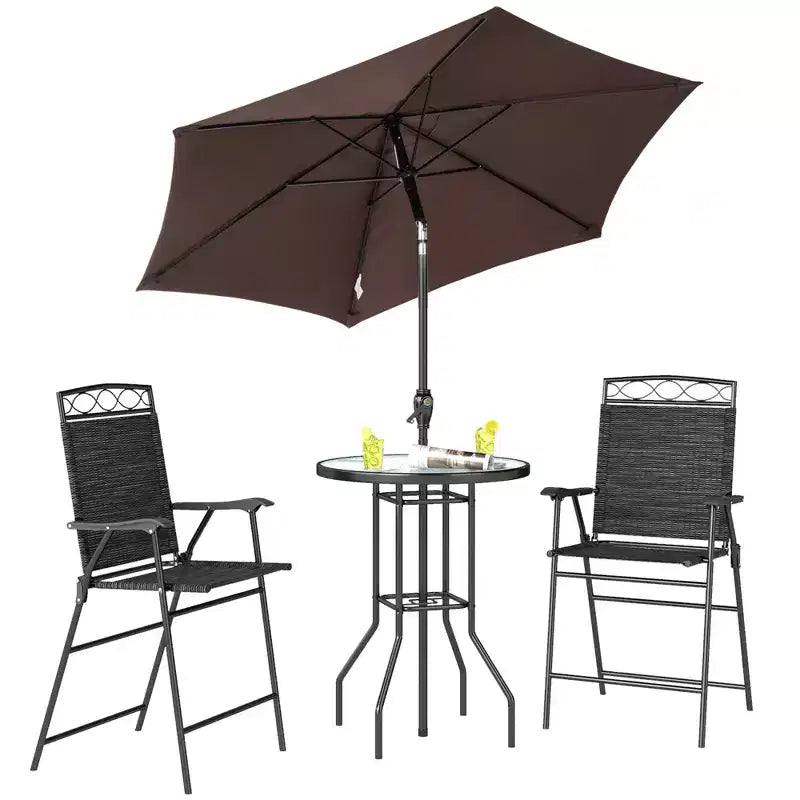 Juego de barra de exterior de 4 piezas con sombrilla, juego de comedor para patio con 2 sillas plegables, mesa de vidrio templado con textura ondulada para patio trasero, jardín, terraza, junto a la piscina