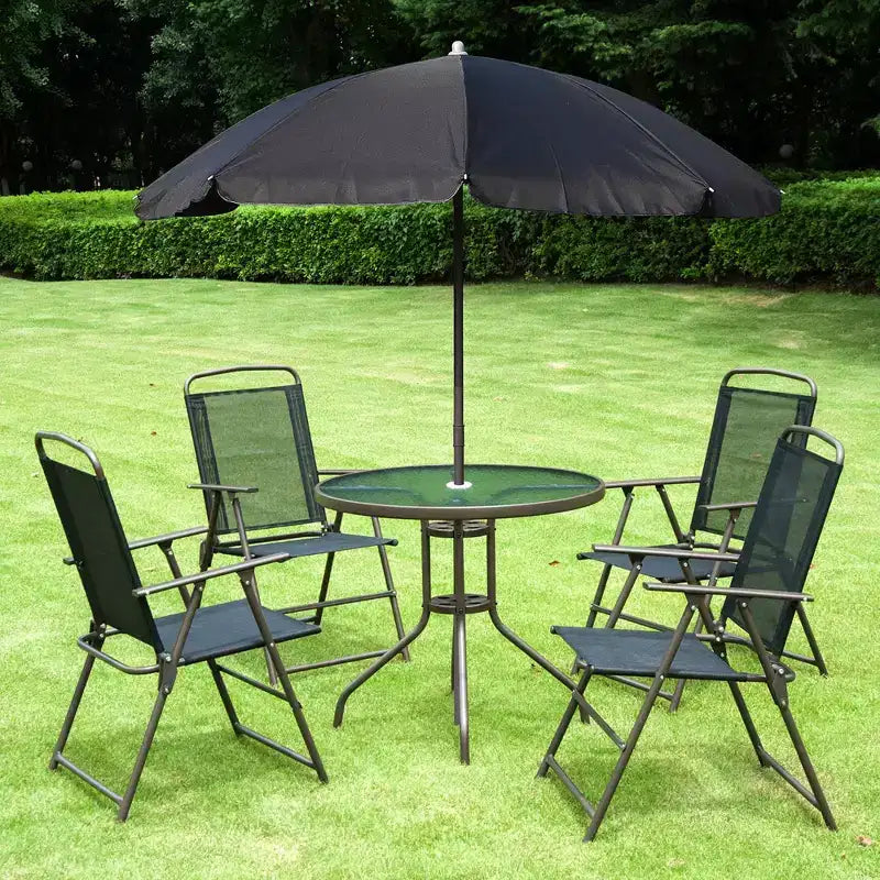 Juego de comedor para patio de 6 piezas para 4 personas con sombrilla, mesa y sillas de exterior con 4 sillas de comedor plegables y mesa redonda de cristal