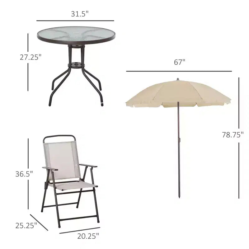 Juego de comedor para patio de 6 piezas para 4 personas con sombrilla, mesa y sillas de exterior con 4 sillas de comedor plegables y mesa redonda de cristal