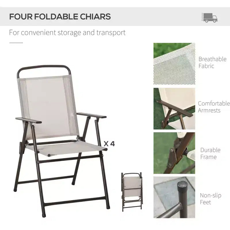 Juego de comedor para patio de 6 piezas para 4 personas con sombrilla, mesa y sillas de exterior con 4 sillas de comedor plegables y mesa redonda de cristal