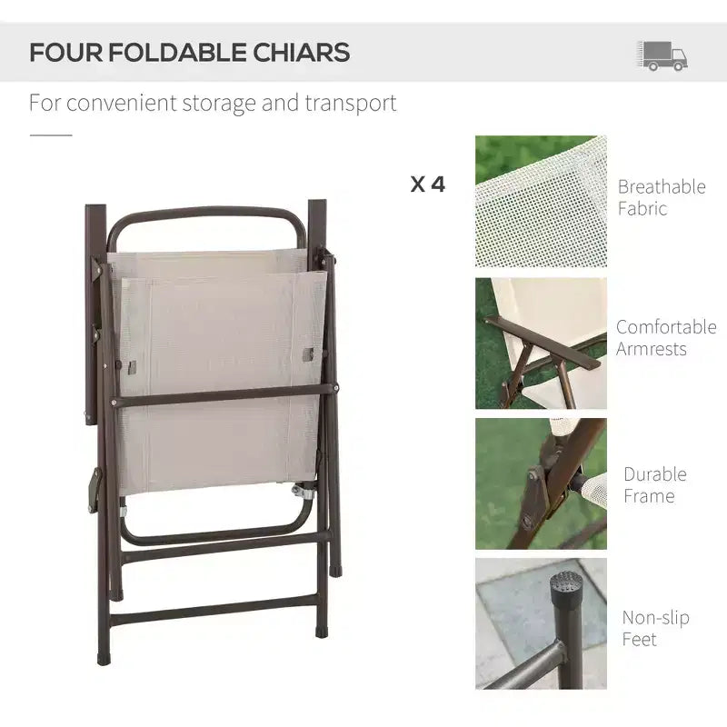 Juego de comedor para patio de 6 piezas para 4 personas con sombrilla, mesa y sillas de exterior con 4 sillas de comedor plegables y mesa redonda de cristal
