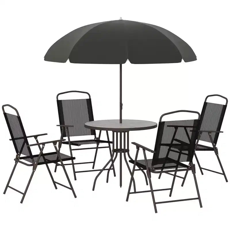 Juego de comedor para patio de 6 piezas para 4 personas con sombrilla, mesa y sillas de exterior con 4 sillas de comedor plegables y mesa redonda de cristal