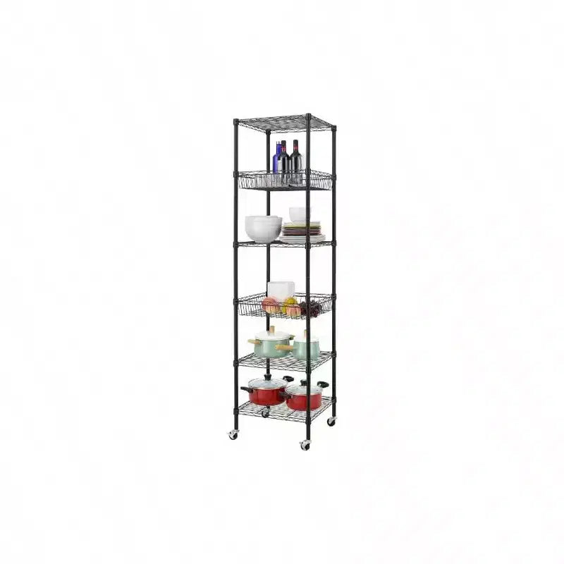 Estantería de Alambre de 6 Niveles Reforzada con Ruedas 18x18x72 - pulgadas Estante de Almacenamiento de Metal Negro Tubo de Acero Grueso Ajustable