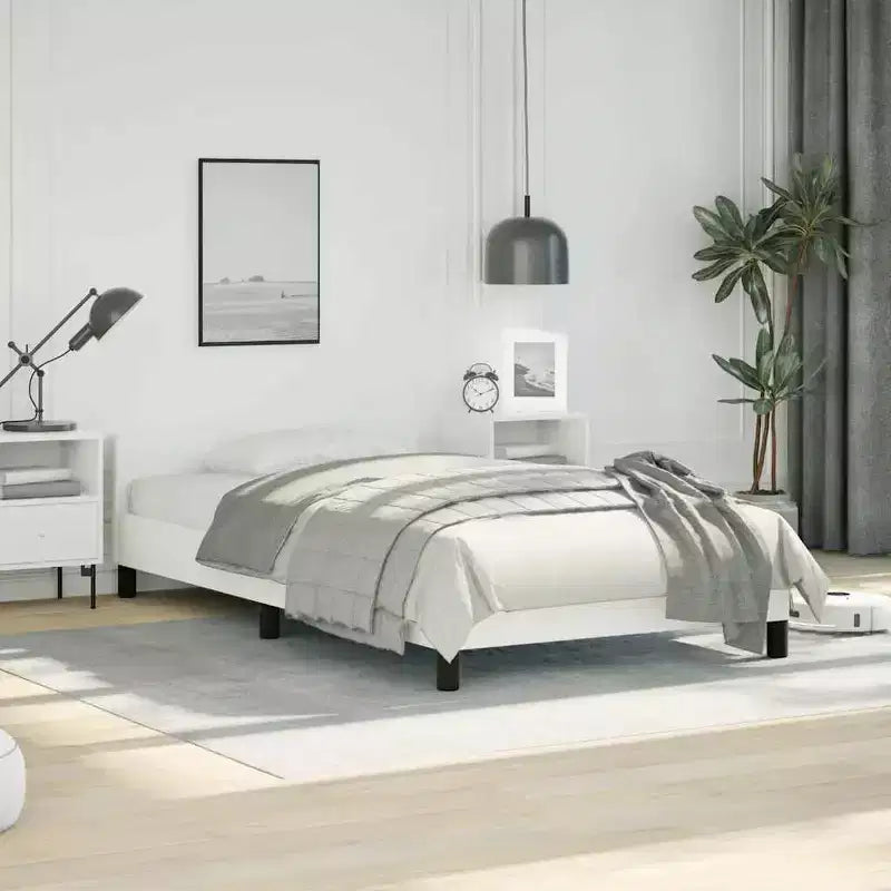 Estructura de cama con cabecero de piel sintética blanca, madera contrachapada, madera de ingeniería