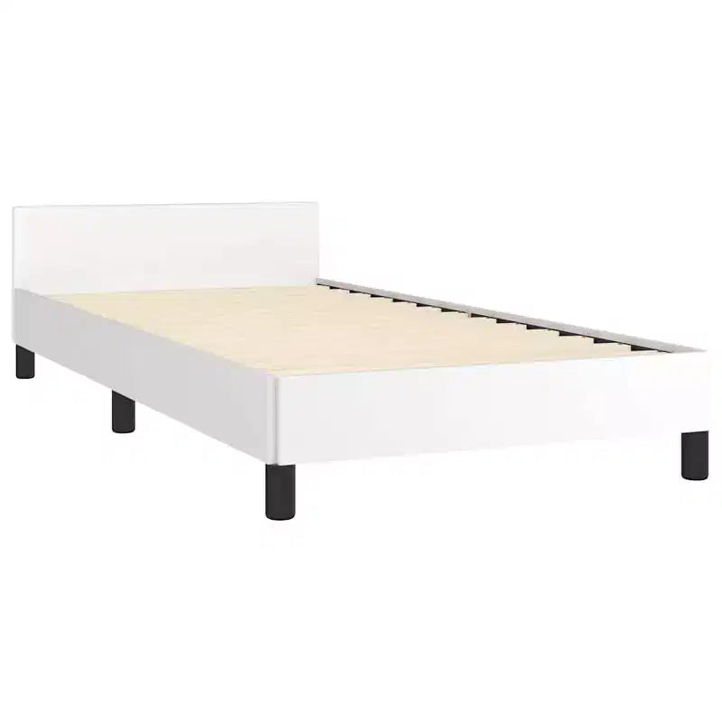 Estructura de cama con cabecero de piel sintética blanca, madera contrachapada, madera de ingeniería