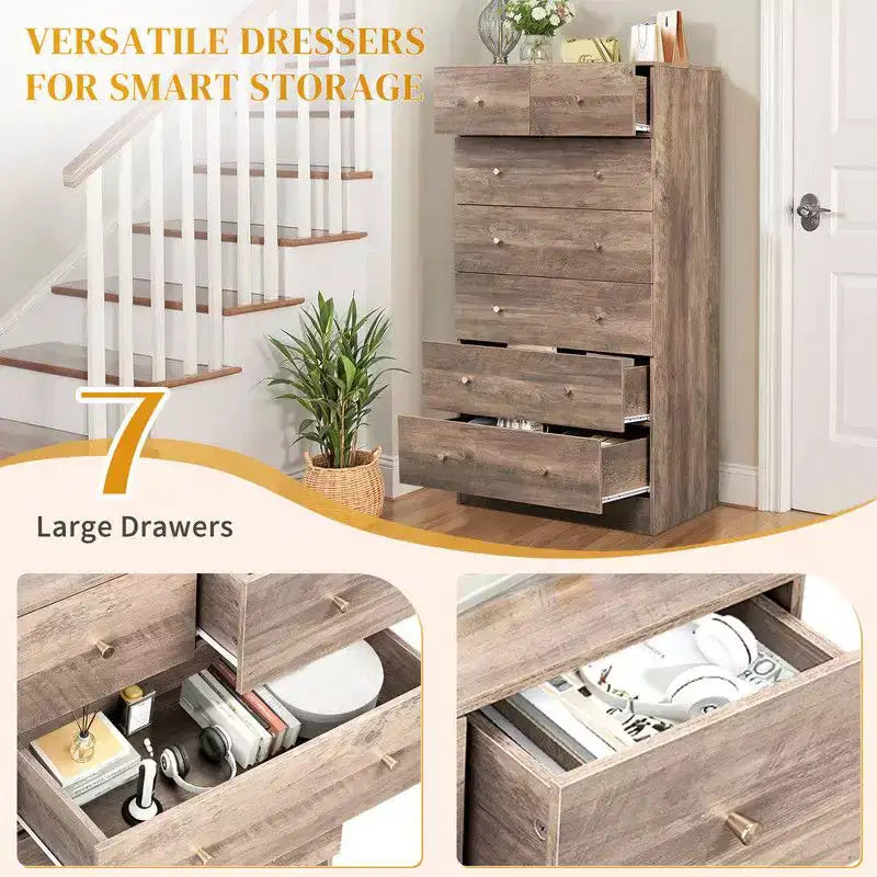 Karl Home Cómoda grande de 7 cajones para dormitorio y cómoda con construcción robusta, organizador de almacenamiento de madera para armario, en gris
