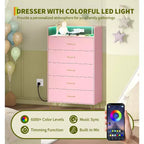Cómoda de 4 cajones con luces RGB y estación de carga, cómoda LED con sincronización de música controlada por aplicación, cómoda de madera para dormitorio, armario, sala de estar