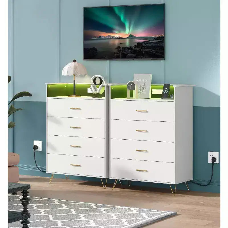 Cómoda de 4 cajones con luces RGB y estación de carga, cómoda LED con sincronización de música controlada por aplicación, cómoda de madera para dormitorio, armario, sala de estar