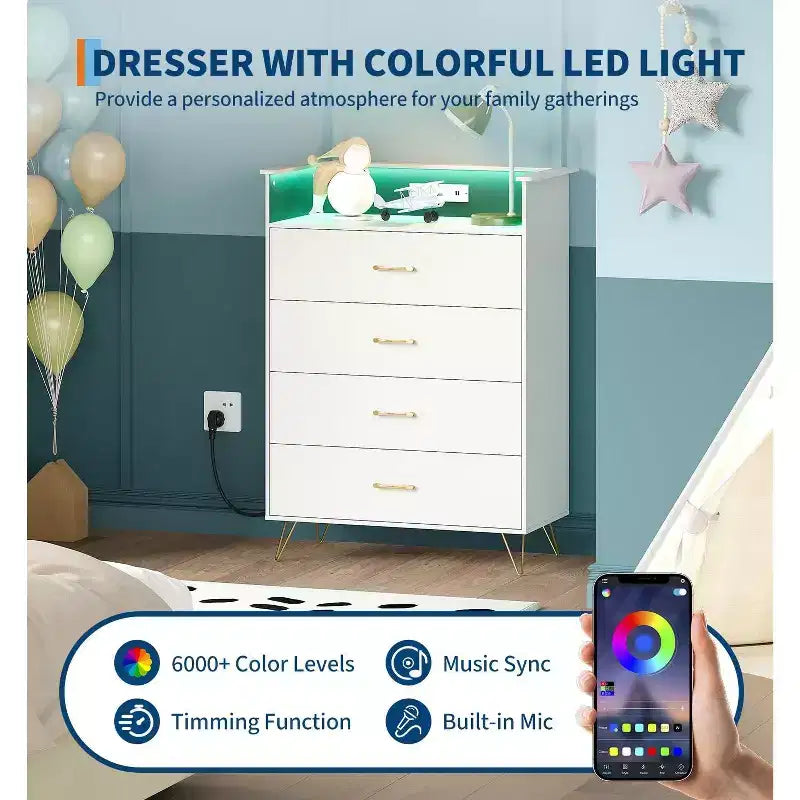 Cómoda de 4 cajones con luces RGB y estación de carga, cómoda LED con sincronización de música controlada por aplicación, cómoda de madera para dormitorio, armario, sala de estar