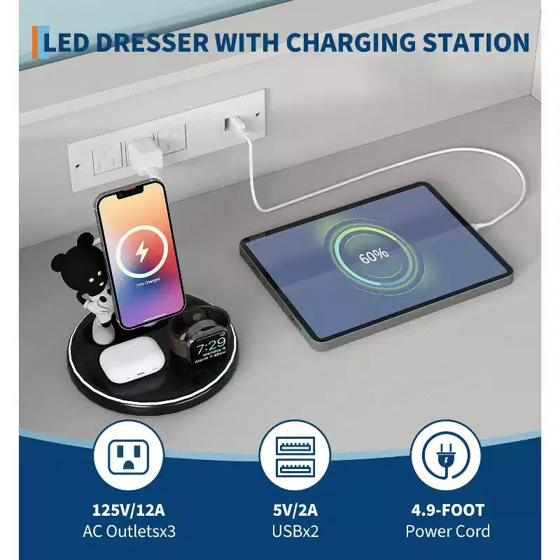 Cómoda de 4 cajones con luces RGB y estación de carga, cómoda LED con sincronización de música controlada por aplicación, cómoda de madera para dormitorio, armario, sala de estar