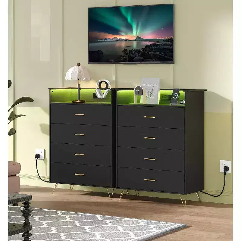 Cómoda de 4 cajones con luces RGB y estación de carga, cómoda LED con sincronización de música controlada por aplicación, cómoda de madera para dormitorio, armario, sala de estar