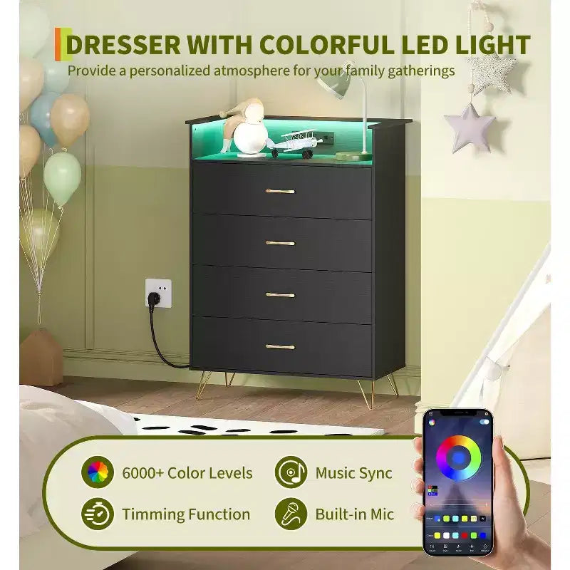 Cómoda de 4 cajones con luces RGB y estación de carga, cómoda LED con sincronización de música controlada por aplicación, cómoda de madera para dormitorio, armario, sala de estar