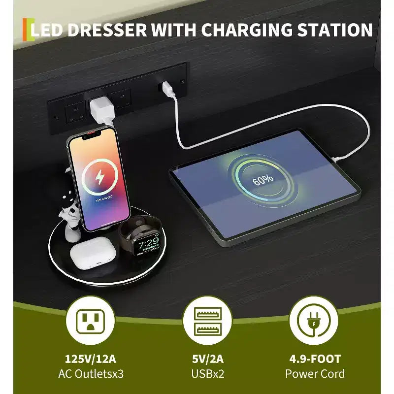 Cómoda de 4 cajones con luces RGB y estación de carga, cómoda LED con sincronización de música controlada por aplicación, cómoda de madera para dormitorio, armario, sala de estar
