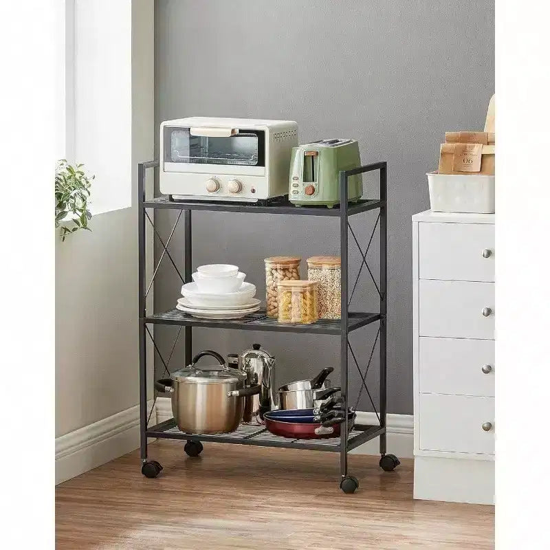 Estantería metálica de 3 niveles con ruedas, unidad de almacenamiento de malla, marcos laterales en X, 23.6 pulgadas de ancho, color negro, para entrada o cocina